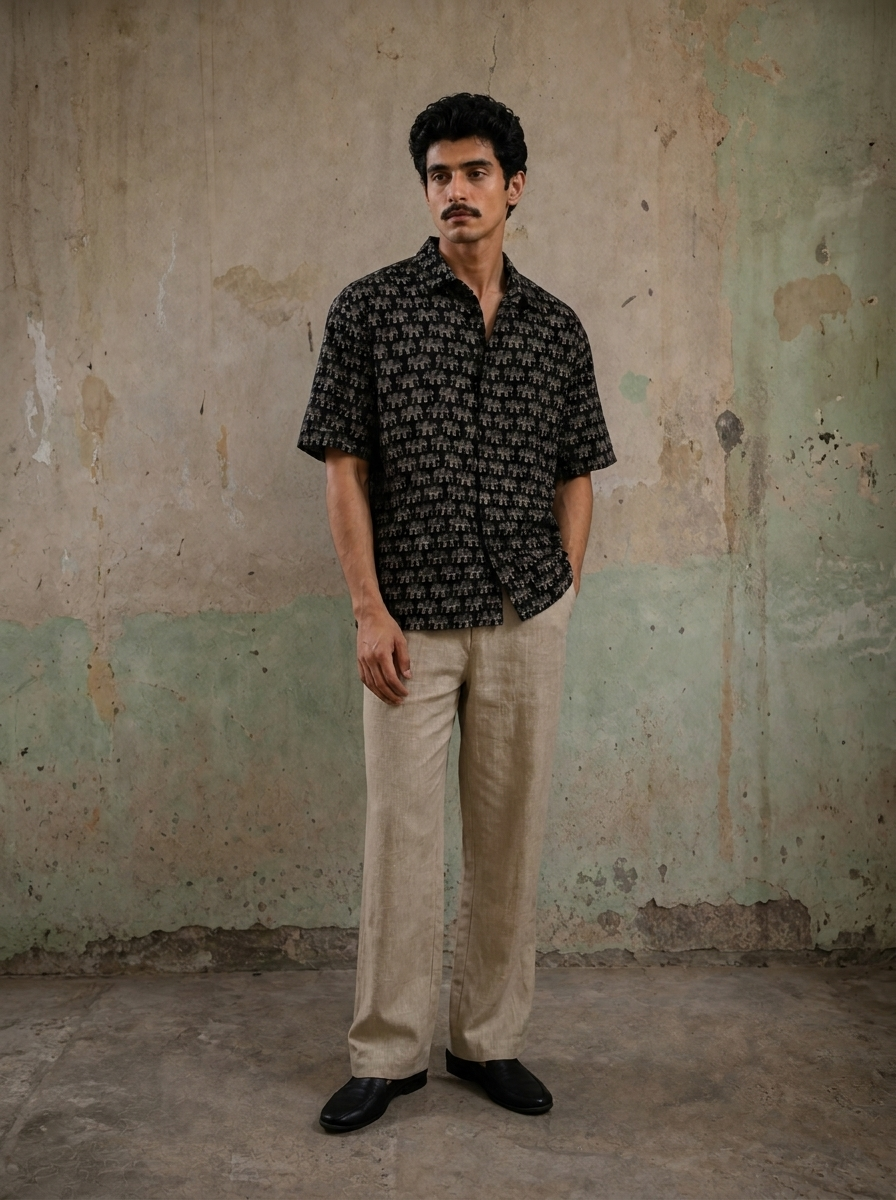SunFlwr Signature Oversized Shirt Fit- Brown Gajraj Print