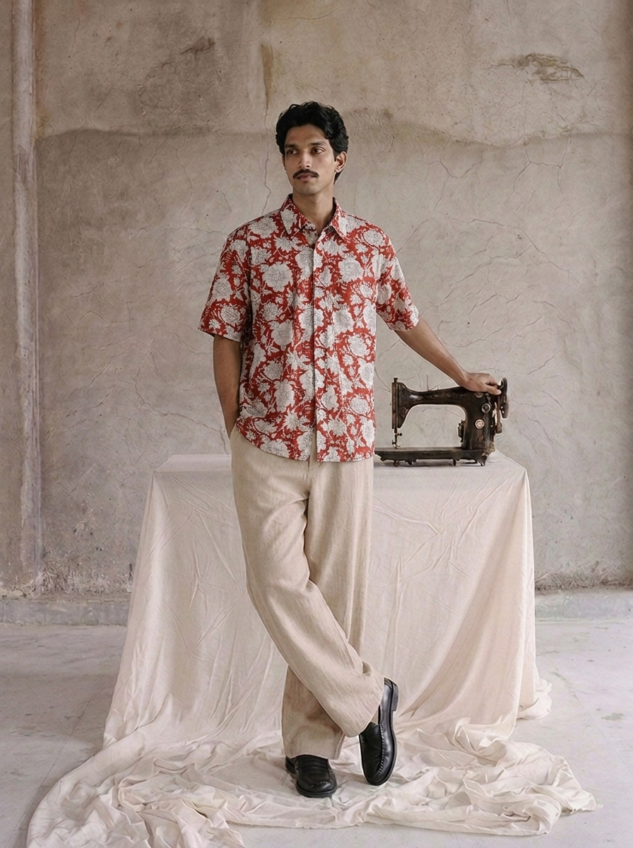 SunFlwr Signature Fit Red Floral Cotton Shirt