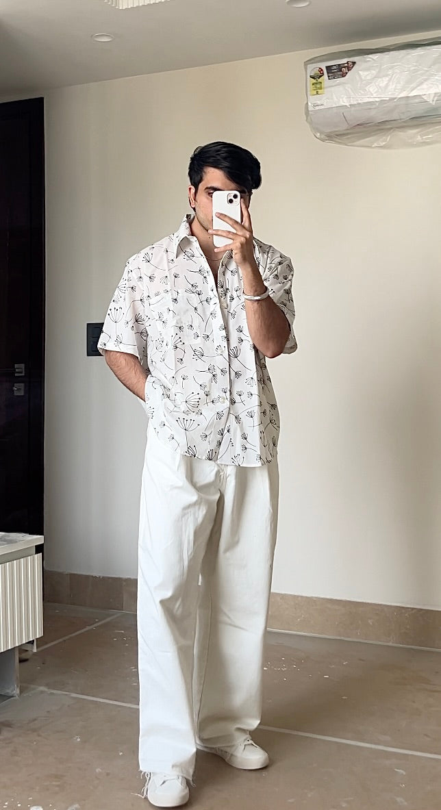 SunFlwr Signature Oversized Shirt Fit- White Dandelions Print